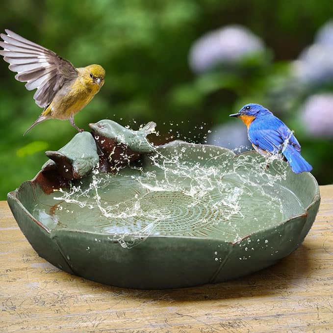 Ceramic Bird Bath Bowl for Outside on Ground, 9.45-Inch BirdBath Bowl Only, Ground Bird Feeders and birdbath for Outdoors, Garden, Tabletop, Deck, Balcony and Lawn
