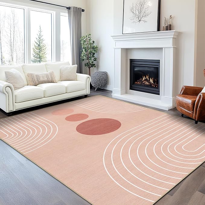 8x10 Area Rug for Living Room Boho Modern Minimalist Geometric Abstract Large Rug Pink Mid Century Modern Machine Washable Non-Slip Printed Low-Pile Indoor Floor Carpet Dining Room Bedroom Pink