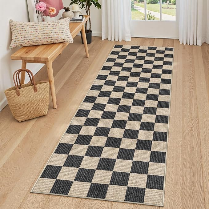 LIVEBOX Washable Runner Rug Checkered, 2x6 Black Runner Rugs for Hallway, Non-Slip Kitchen Runners, Farmhouse Neutral Classic Geometric for Hallways, Entryway, Bedroom, Bathroom(Black 2'x6')