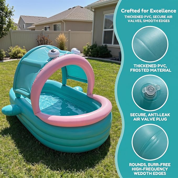Inflatable Kiddie Pool with Canopy, Giant Fish Blow Up Pool for Kids Toddlers Adults, Thickened PVC Family Pool, 3 Air Chambers, 96"×59"×20" Backyard Summer Splash