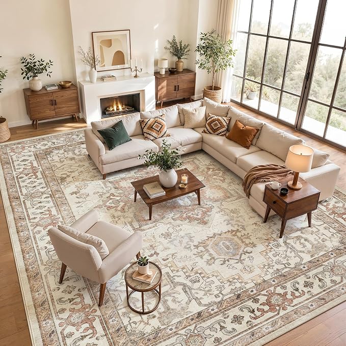 Washable Rug 11x14 Area Rugs: Boho Vintage Distressed Oriental Medallion Neutral Thin Large Rug Carpet for Living Room Bedroom Dining Room Home Office Decor - Beige