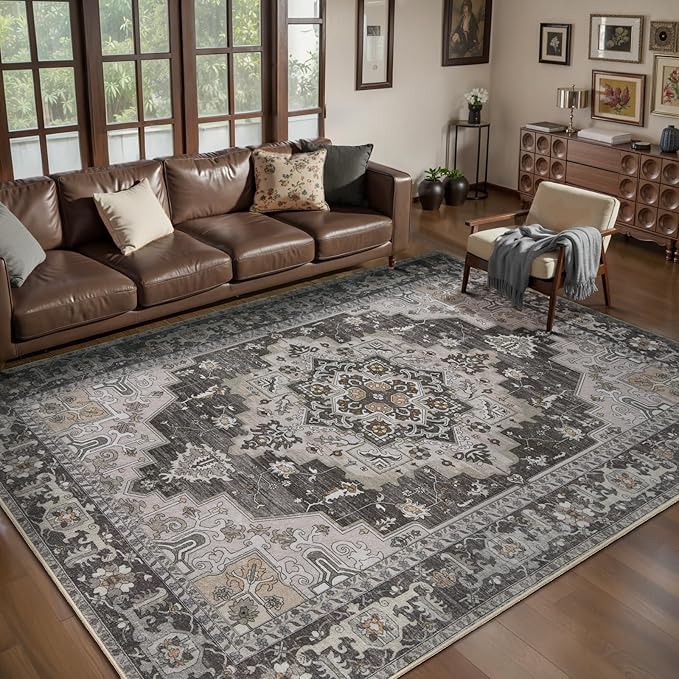 Tangsoo Vintage 5x7 Washable Area Rugs for Living Room, Indoor Non Slip Rug | Oriental Indoor Large Print Carpet,Farmhouse Soft Low Pile Foldable Floor Rugs for Bedroom Dining Room Office Grey Home Decor