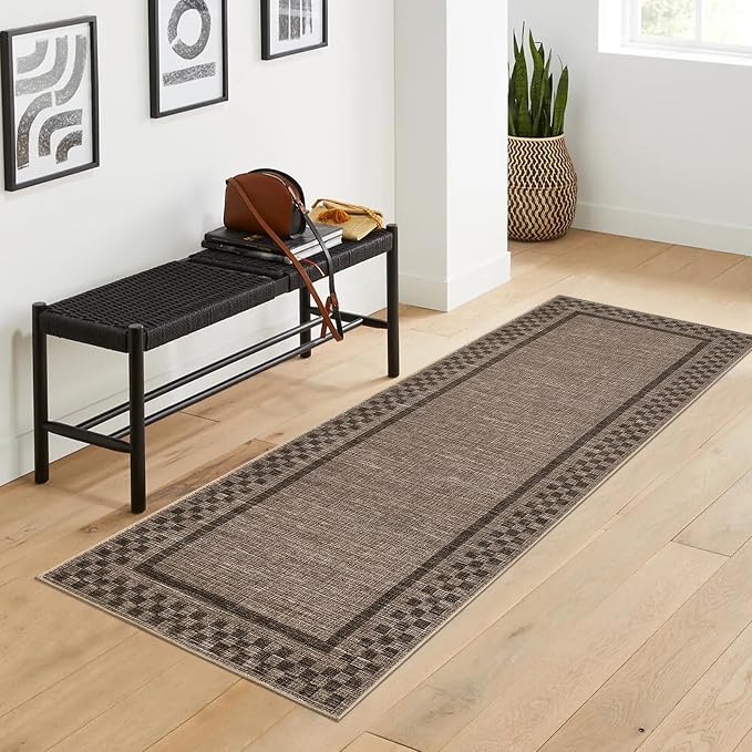 GarveeHome Runner Rug 2x6 for Kitchen Non Slip Washable Hallway Runner Rugs | Modern Bordered Bathroom Throw Mat Soft Non Shedding Checkered Runners Geometric Area Rug for Bedside Living Room, Brown