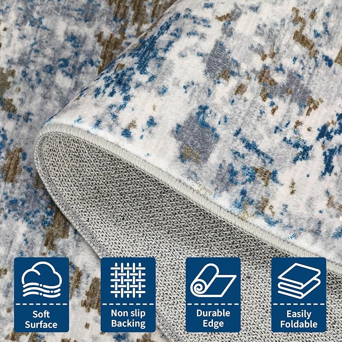 ROYHOME Modern Abstract 2x10 Runner Rug Non Slip, Navy | Non Shedding Rug Low Pile Stain Resistant for Bedroom Hallway Kitchen