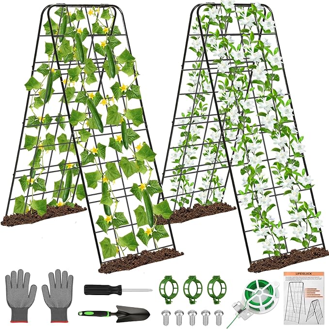 2 Pack Cucumber Trellis 43.3’’x15.7’’ with Twist Tie and Clips, A-Shaped Garden Trellis for Climbing Plants Heavy Duty Metal Plant Support for Cucumber, Grape, Tomato, Pea, Bean, Flower, Raised Bed