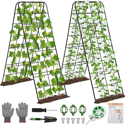 2 Pack Cucumber Trellis 43.3’’x15.7’’ with Twist Tie and Clips, A-Shaped Garden Trellis for Climbing Plants Heavy Duty Metal Plant Support for Cucumber, Grape, Tomato, Pea, Bean, Flower, Raised Bed