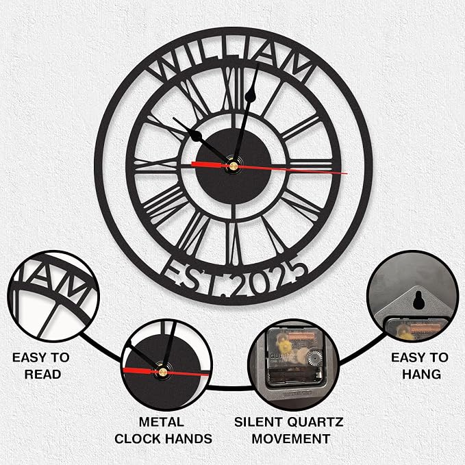 Personalized Large Outdoor Clock Waterproof, Custom Family Name Outdoor Pool Clock with Roman Numeral, Silent Vintage Modern Wall Clock Decorative for Living Room Bedroom Decor, Customized Gifts