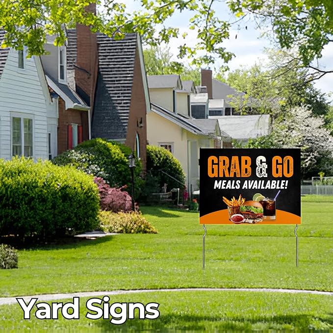 Grab-and-Go Meals Available! Yard Sign by DC | 24"x18" Double Sided Conv. Store Garden Sign with 13” Metal Stakes | Outdoor Signs Waterproof for Lawn, Patio, Sidewalk & House | Set of 1 | Made in USA
