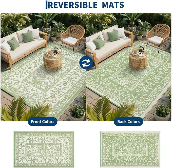 Garvee Outdoor Rug 9x12, Waterproof Reversible Foldable Plastic Straw Rug, Botanical Cottagecore Outdoor Rugs Patio Camping RV Carpet for Deck Camper Porch Balcony Picnic Beach Gray Sage Green