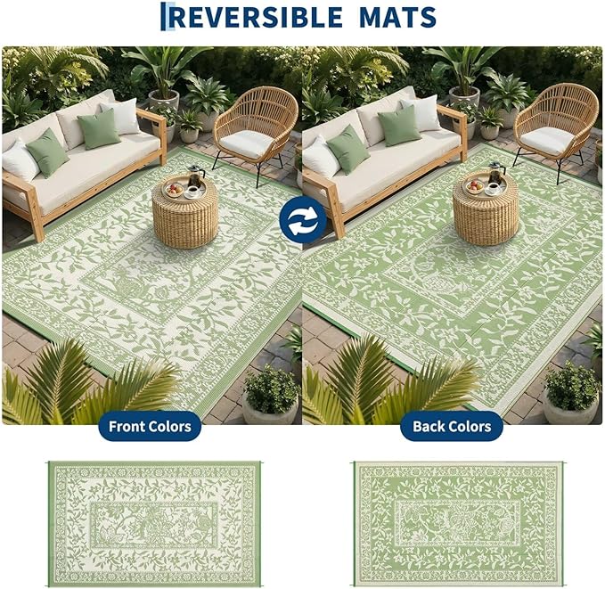 Garvee Outdoor Rug 5x8, Waterproof Reversible Foldable Plastic Straw Rug, Botanical Cottagecore Outdoor Rugs Patio Camping RV Carpet for Deck Camper Porch Balcony Backyard Picnic Beach Gray Sage Green