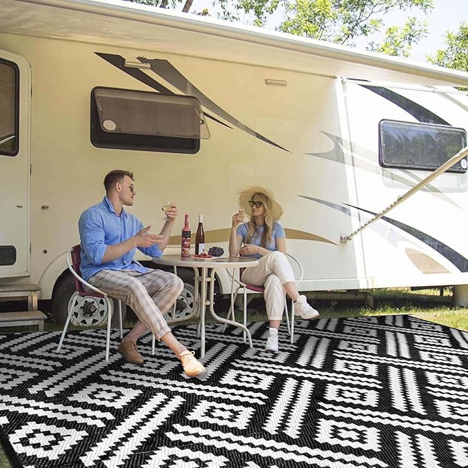 Outdoor Patio Plastic Straw Rug - 8x10 ft Outdoor Camping Rug Waterproof Reversible, Area Carpet Patios RV, Outside Porch Balcony Deck for Camper, Moden Black White