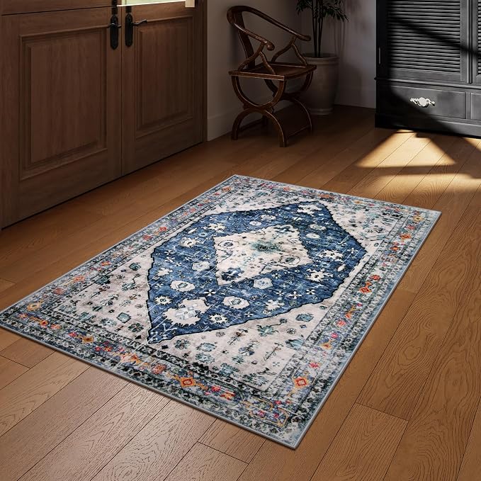 Lahome Felice Boho Tribal Area Rug - 3x5 Blue Living Room Rug Soft Non Slip Washable Office Mat, Low Pile Oriental Entry Way Carpet for Kitchen Sink Bedside Coffee Table Studio Apartment, Blue