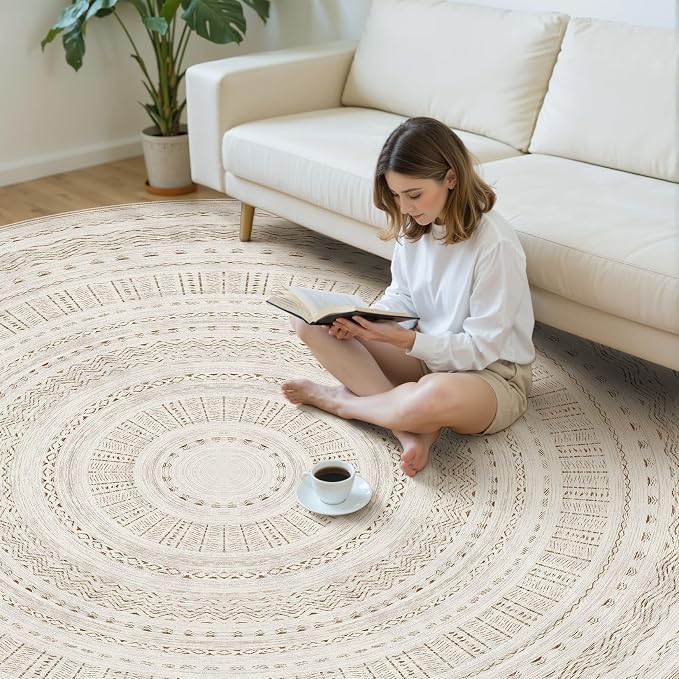 cotiled 8x8 Round Rug 8ft Circle Living Room Boho Area Rugs | Solve Modern Neutral Trendy Home Decor - Washable Foldable Indoor Carpet for Bedroom Home Office Brown Cream
