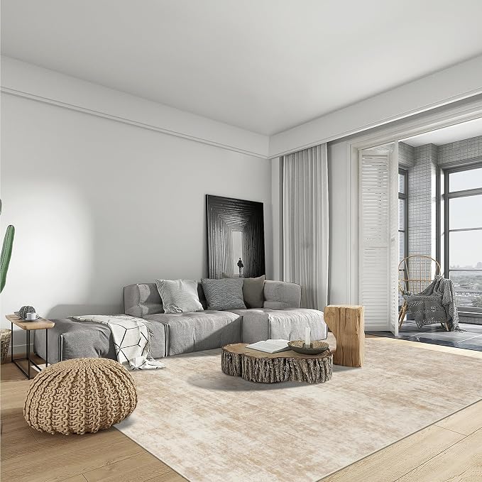 10x14 Area Rugs for Living Room: Washable Abstract Beige Badroom Carpet | Non-slip TPE backing makes this washable soft low-pile rug safe & durable, Pet-friendly decor for dining room,nursery,office