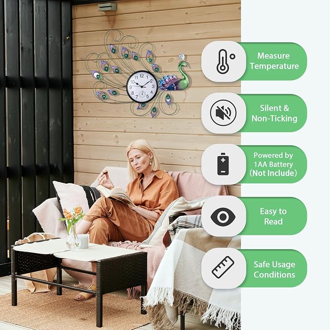 Unique Outdoor Clock Silent None-Ticking, Outdoor Wall Clock with Thermometer, Waterproof Outside Clock for Patio, Living Room, Kitchen (Green & Blue)