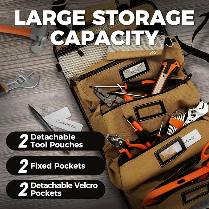 COMOWARE Roll Up Tool Bag, Gift for Dad, 600D Oxford PVC Coated Tool Organizer with 11 Pouches, 5 Exterior Wrench Pockets & Adjustable 51.2" Shoulder Strap for Mechanics, Plumbers, Camping, Motorcycle