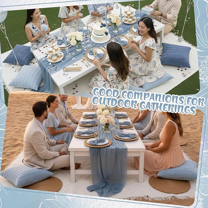 Beeveer 14 Pack Picnic Kit 91x71 Inch Extra Large Outdoor Boho Picnic Blanket with Gray Blue Table Runner, 6 Throw Pillow Cover 6 Napkin Woven Cotton Yarn Washable Beach Blanket for Camp Wedding Decor