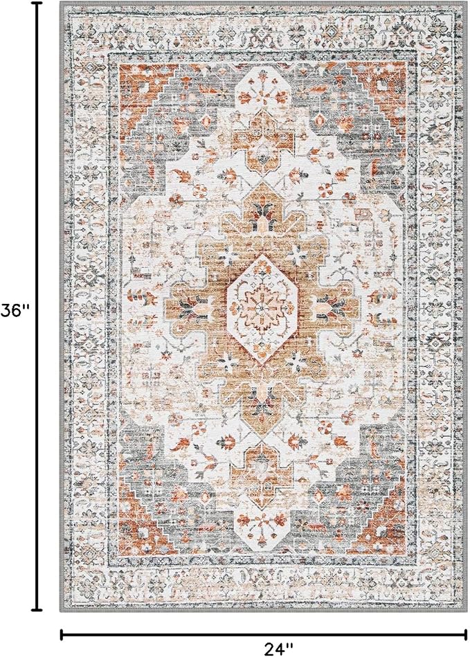 Moynesa Ultra-Thin Washable Entryway Rug 2x3 Rug, Small Kitchen Rugs for Entryway Indoor Non Slip, Vintage Throw Mat for Front Door Entrance Bathroom Laundry Room, Beige/Gold