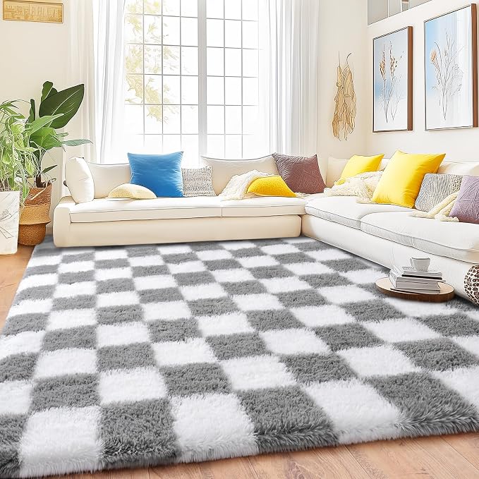 Checkered Rug 9x12 for Living Room, Ultra Fluffy Fuzzy Shag Large Area Rug for Bedroom, Modern Plush Soft Upgrade Non-Slip Carpet for Kids Girls and Boys Room Dorm Home Decor, White and Grey