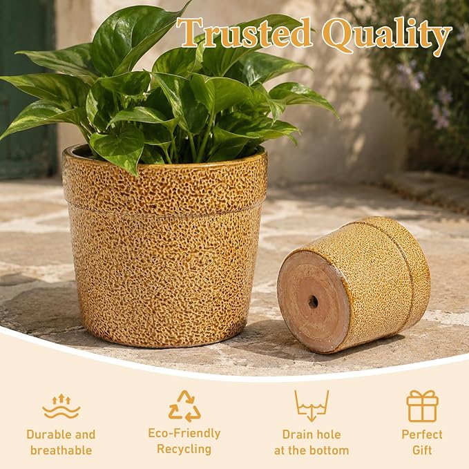 Ceramic Planters Set of 3, 15/12/9 Inch Indoor & Outdoor Large Plant Pots with Drainage Hole, Handmade Speckled Glaze Decorative Flower Pots for Indoor Plants, Patio & Garden, Antique Yellow