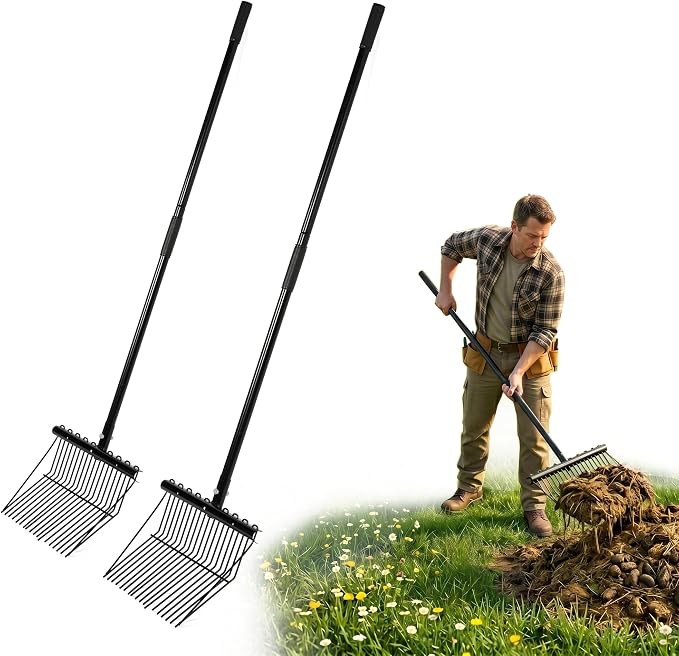 lukar 2 Sets Metal Manure Fork with Long Metal Handle, 18 Tines Manure Fork Head Horse Manure Rake, Heavy Duty Gardening Muck Rake for Picking Up Manure, Grass and Hay