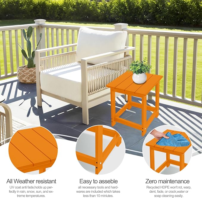 LZRS Patio Side Table, Heavy Duty HDPE Outdoor End Table with Wood Texture, Weatherproof Composite Table for Adirondack Chairs, Deck, Pool, Indoor/Outdoor, No Peeling or Cracking(Orange)