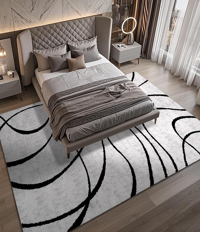 Modern Area Rugs for Living Room, 9x12 Washable Black and White Rug, Thin Abstract Geometric Striped Rug, Area Rug for Bedroom,Kitchen,Dining Room,Office