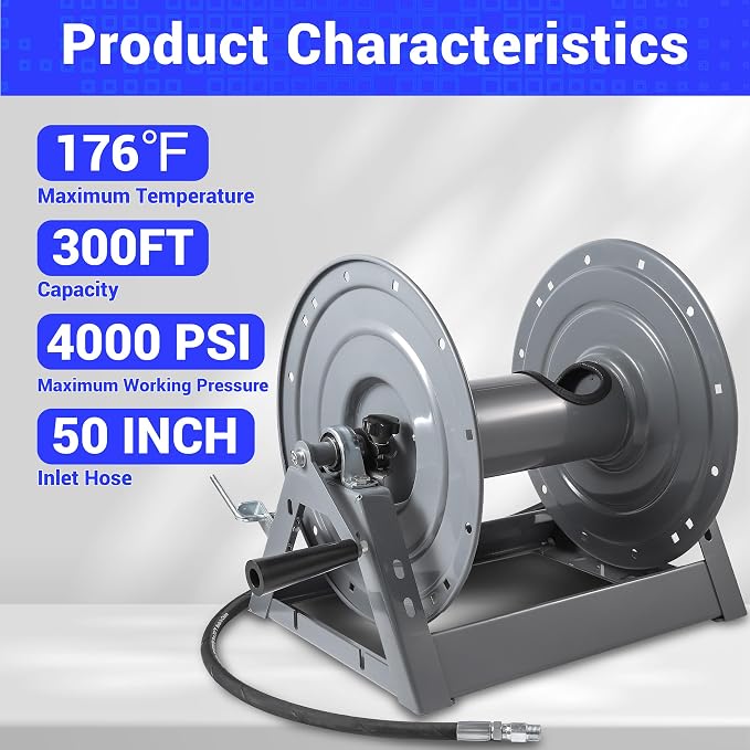 M Mingle Pressure Washer Hose Reel 300ft x 3/8" / 500ft x 1/4", Heavy Duty | Manual Crank Power Washer Hose Reel with Swivel Arm, Wall/Floor/Truck Mounted, Easy to Install, 4000 PSI