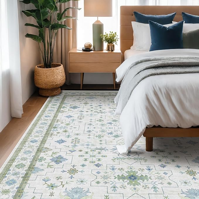 Blue and Green Living Room Rug 8x10 - Cream Oushak Vintage Boho Floral Farmhouse, Washable Low Pile Non-Slip Extra Large Area Rugs for Bedroom, Girls, Boys, Playroom, Lounge