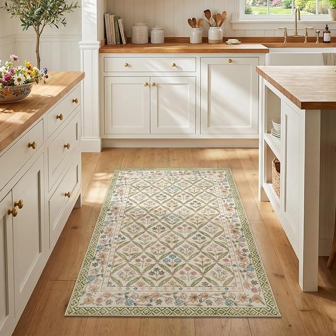 jinchan Vintage Floral 3x5 Washable Entryway Accent Area Rug, Sage Green | Soft & Lightweight, Checkered Floral, Low Pile, Non Slip, Entrance, Kitchen, Bedside, Girls Dorm, Cottage Decor