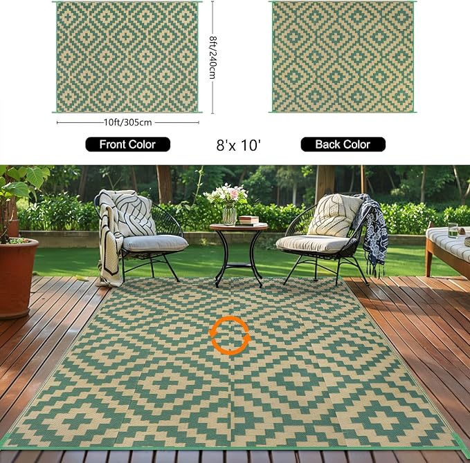 Outdoor Patio Plastic Straw Rug - 8x10 ft Outdoor Camping Rug Waterproof Reversible, Area Carpet Patios RV, Outside Porch Balcony Deck for Camper, Green & Yellow