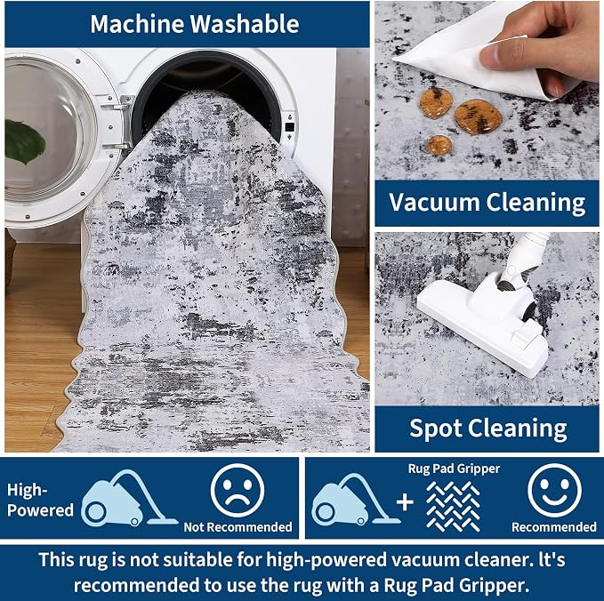 ROYHOME 8x10 Scalloped Modern Abstract Rug Faux Wool Accent Rug, Grey | Ultra Soft Machine Washable Rug Non Slip Non Shedding for Bedroom Dining Room Office Home