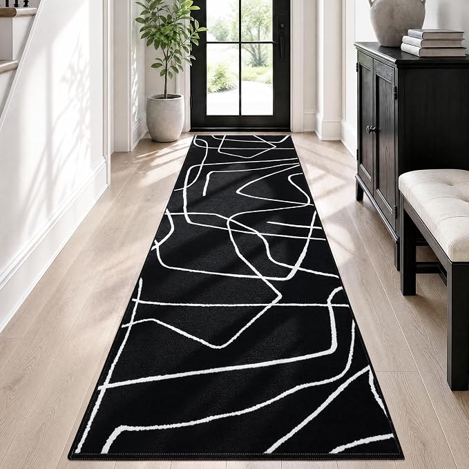 2x6 Washable Modern Black White Kitchen Runner Rug | Ultra-Thin Low Pile, Non-Slip TPE Backing, Soft Stain Resistant, Machine Washable, for Bedroom Livingroom High Traffic