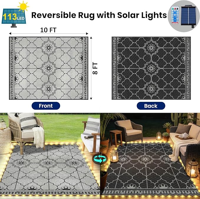 8x10Ft Outdoor Rug, Solar Powered Outdoor Rug with 113LEDs Strip Lights for House Deck, Waterproof Plastic Reversible Outdoor Straw Rugs, Rugs RV Camping Patio Courtyard Beach Picnic(Black Gray)