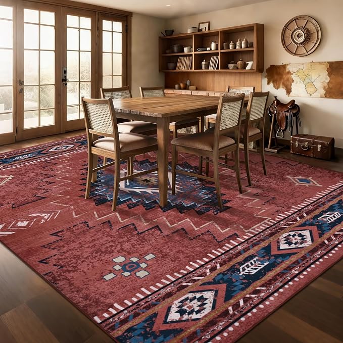 Yinhua Western 8x10 Rugs for Living Room, Aztec Washable Area Rug Low-Pile | Soft Rust Large Area Rug Non-Slip with Rubber Backing, Fall Non-Shedding Carpet for Office Nursery