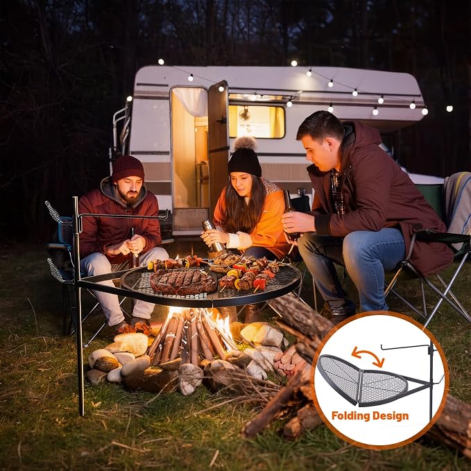 24" Fire Pit Campfire Grill Grate, Foldable Open Fire Cooking Grill Grate Portable Round Camping Cooking Barbecue Rack Heavy-duty, Easy Setup & Adjustable Height for Outdoor Camping BBQ