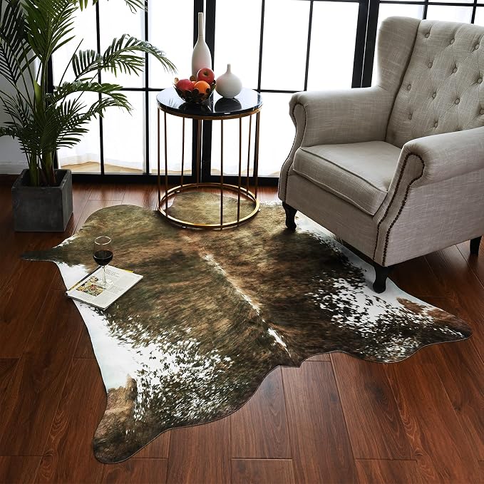 AROGAN Faux Cowhide Rug, Cow Print Animal Area Rug, 5.2x6.2 Ft Saddle Brown | Premium Cow Hide Carpet, Western Rug for Bedroom Living Room Decor, Durable Faux Cow Skin Cowhide Area Rug