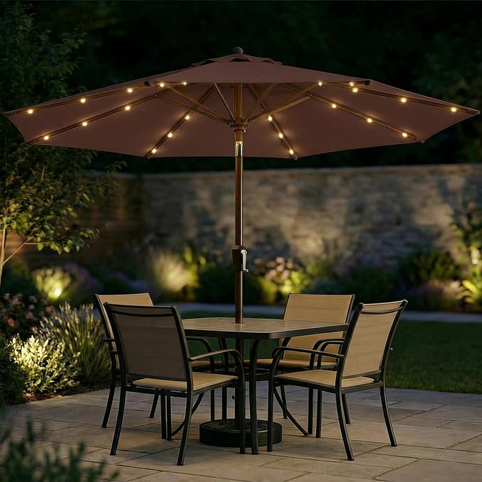 10FT Solar Patio Umbrella with Lights, Outdoor Table Market Umbrella with 32 LED Lights, 8 Sturdy Ribs, Push Button Tilt and Crank for Pool, Deck and Garden, UV-Resistant