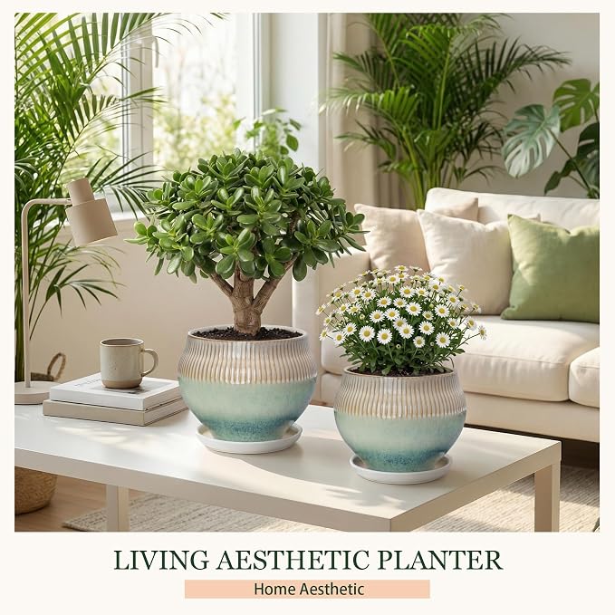 8.3 Inch Modern Ceramic Plant Pot with Drainage Hole and Mesh Net, Indoor Outdoor Planter with Saucer & Gardening Glove, Pots for Succulents, Flowers, Large Plants, Green