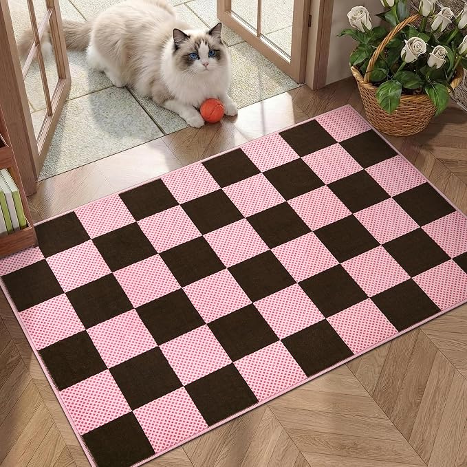 GarveeHome Checkered Brown Pink 2x3 Washable Rug Low-Pile Room Door Mat | Brown Pink Soft Stain Resistant Boys Rug for Entryway Bedroom Bathroom Kitchen Non-Slip Geometric Modern Rug TPE Backing