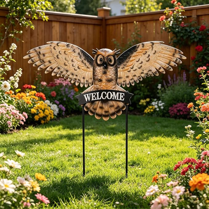 Decorative Garden Stakes Large Vintage Owl with Welcome Sign for Front Door 37.2W*35.2H, Metal Yard Art Oversized Rustic Lawn Ornaments Outdoor Decor for Mothers Day Garden Gifts