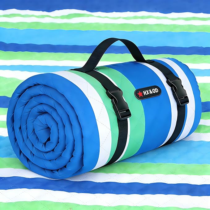 HX&OD Large Picnic Blanket Outdoor 80”x60” Waterproof Picnic Mat Foldable 3-Layer Camping Blanket Portable with Carry Strap Park Blanket for Grass(Blue)