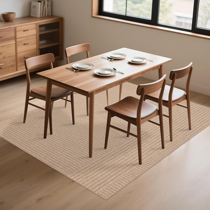 Easy Jute Rug 5x7 Outdoor: Natural Area Rugs for Patio Linen-Look Fabric Durable - Washable Carpet for Living Room Bedroom - Beige Stripes