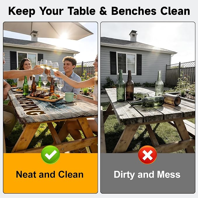 NYZE 3 Pieces Happy Camping Picnic Table Cover with Bench Covers Set, Elastic Edge Camping Tablecloth, Tablecloth Cover with Drawstring Bag, Camping Essentials for Outdoor RV Picnic Travel, Patio, BBQ