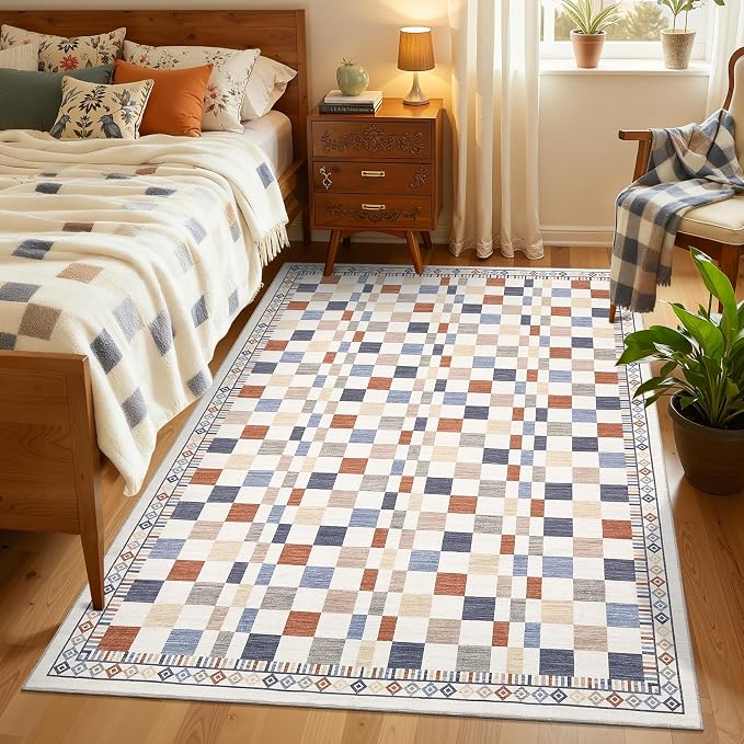 GarveeHome 3x5 Small Rug for Kitchen Washable Colorful Checkered Area Rug | Low Pile Non-Slip Modern Checkered Abstract Accent Mat for Bedroom Contemporary Premium Area Rug for Dining Room
