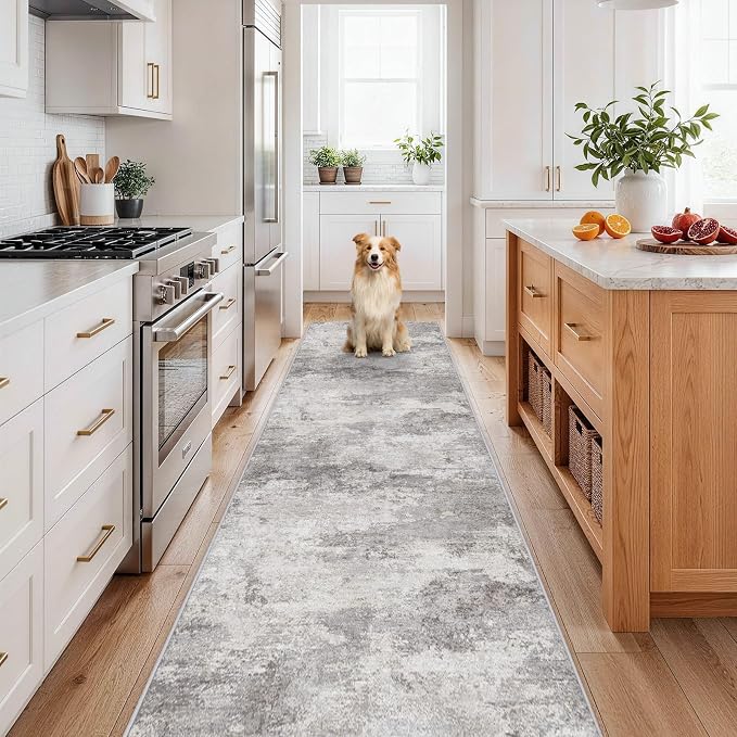 Washable 3x12 Hallway Runner Rug: Washable Non Slip Carpet Grey | Long Entryways Kitchen Living Room - Abstract Modern Neutral Thin Low Pile Runners 3x12 Grey