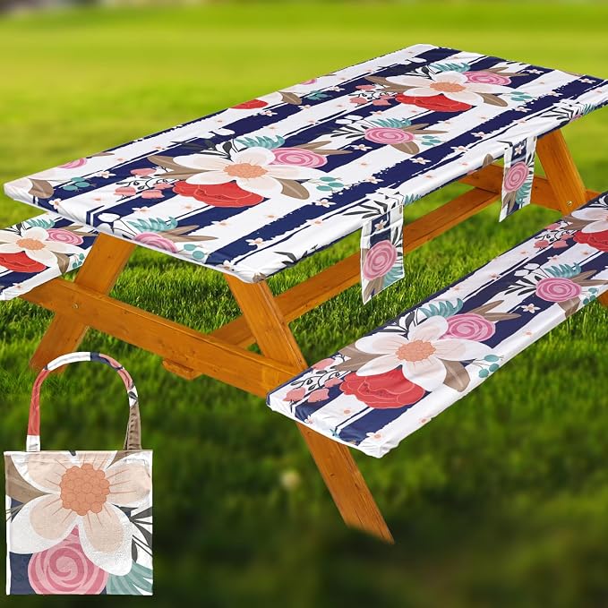 Fitted Picnic Table Cover with Bench Covers Set, Waterproof Lightweight Rectangle 96in Folding Table Cloths Canopy Shade Slipcover Cool Unique Fun Camping Gift for Camper Women Men Family Rv Owners