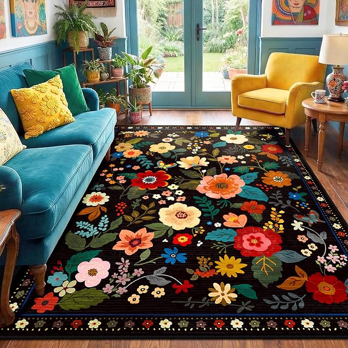RELEANY Floral Washable 6x9 Area Rugs Black | Flower Carpet, Print, Boho, Non-Slip, Easy to Clean, Soft, Low Pile for Living Room Bedroom Kitchen Office Entryway Hallway