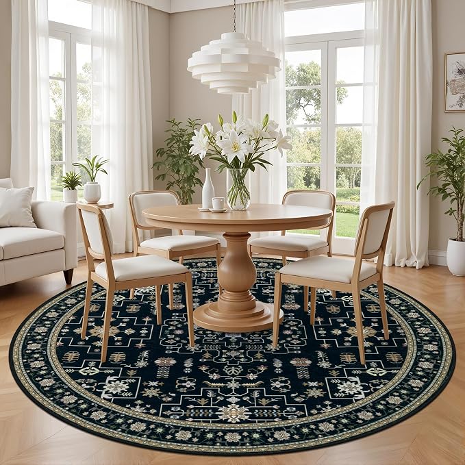 Round Area Rug for Living Room: 6ft Washable Rug for Bedroom Black | Vintage Boho Soft Round Rug Indoor Floor No Slip Carpet Stain Resistant Rugs for Bedroom Dining Room Nursery Home Office