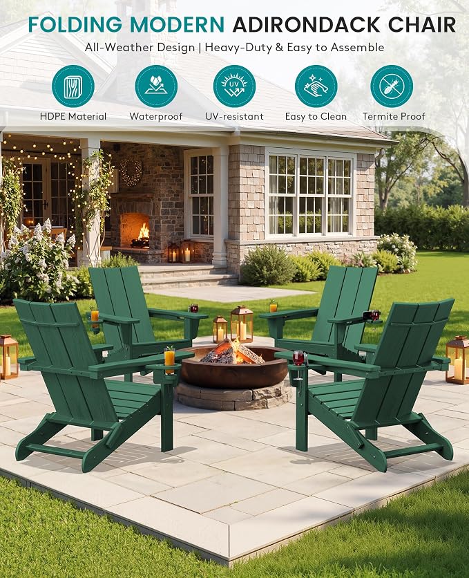 SERWALL Modern Folding Adirondack Chair Set with 9 Ft Umbrella, Folable Adirondack Chairs Set of 2 with Cup Holders, HDPE Fire Pit Chairs for Patio Lawn Garden, Green (Umbrella Base is not Included)